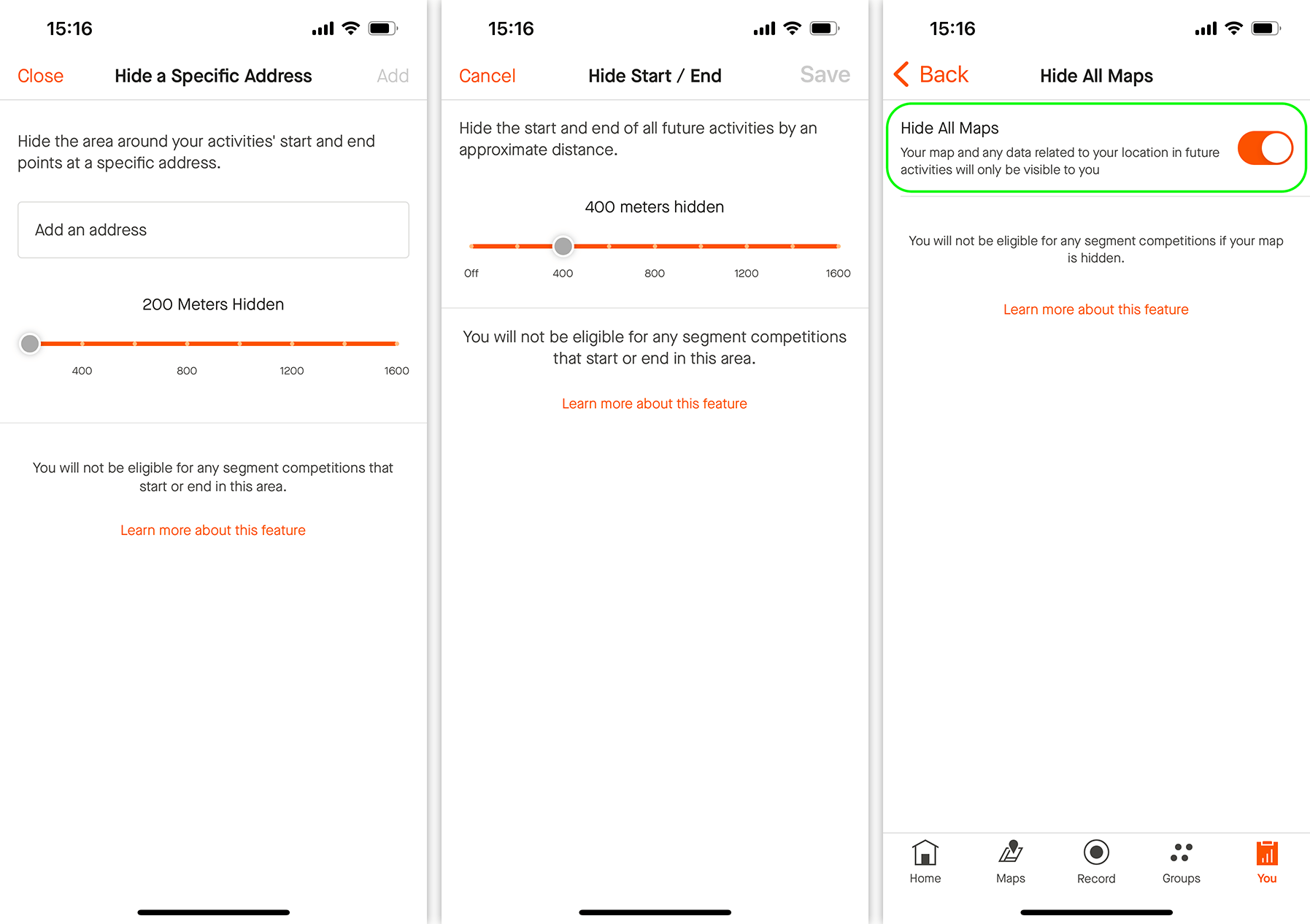 Map visibility settings in the Strava running app
