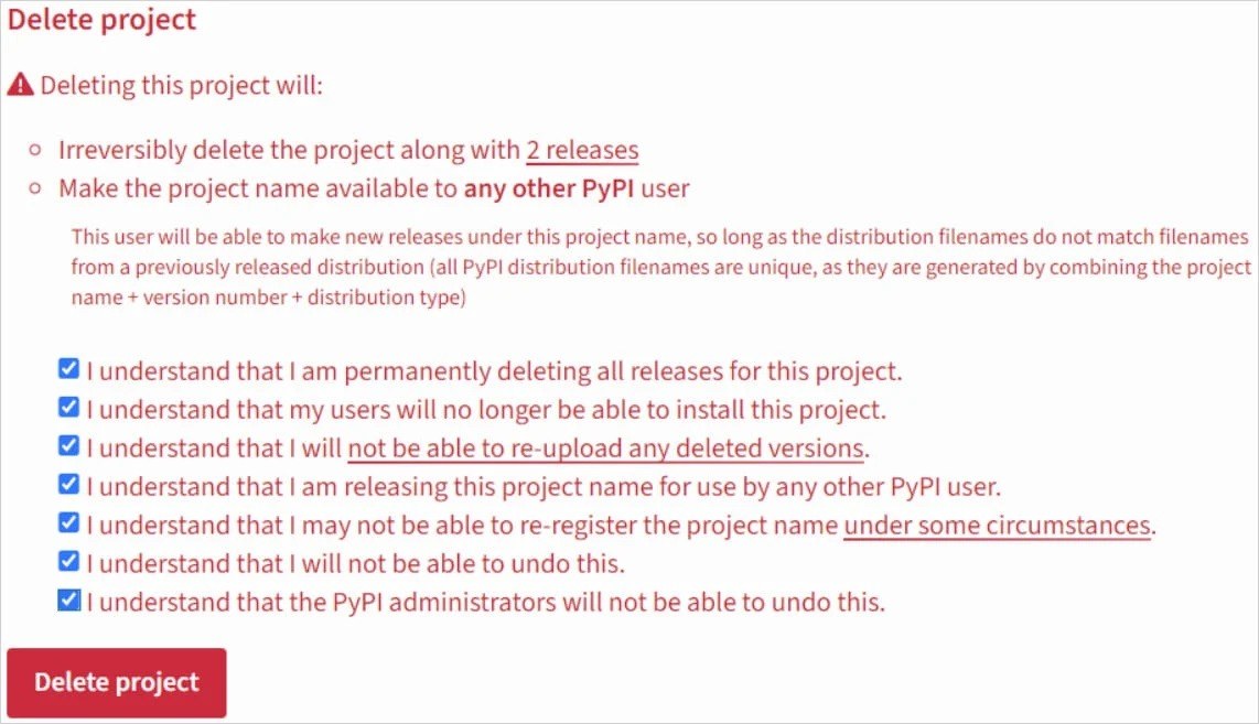 PyPI warning when deleting a project