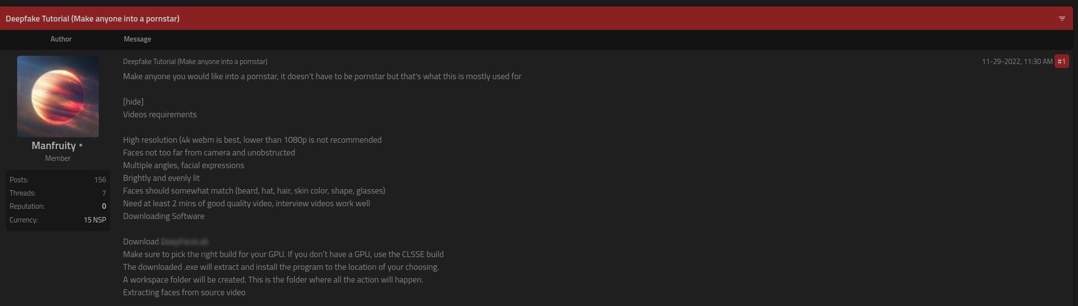 Darkweb post with a tutorial on deepfake porn creation.