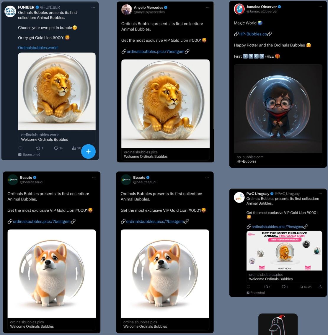 Annonces X (Twitter) d'une collection de NFT prétendument en édition limitée sur des sites Internet frauduleux