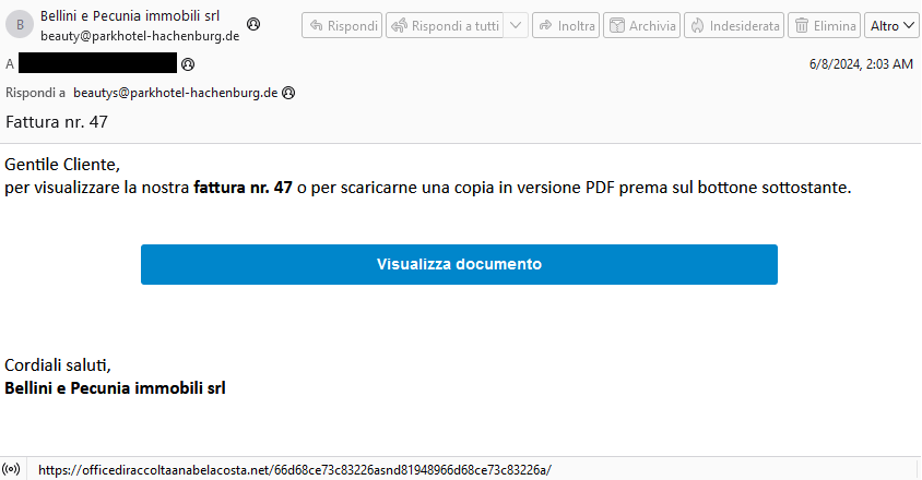 À première vue, l'email semble légitime, sauf qu'il est envoyé à partir d'une adresse email allemande, mais rédigé en italien
