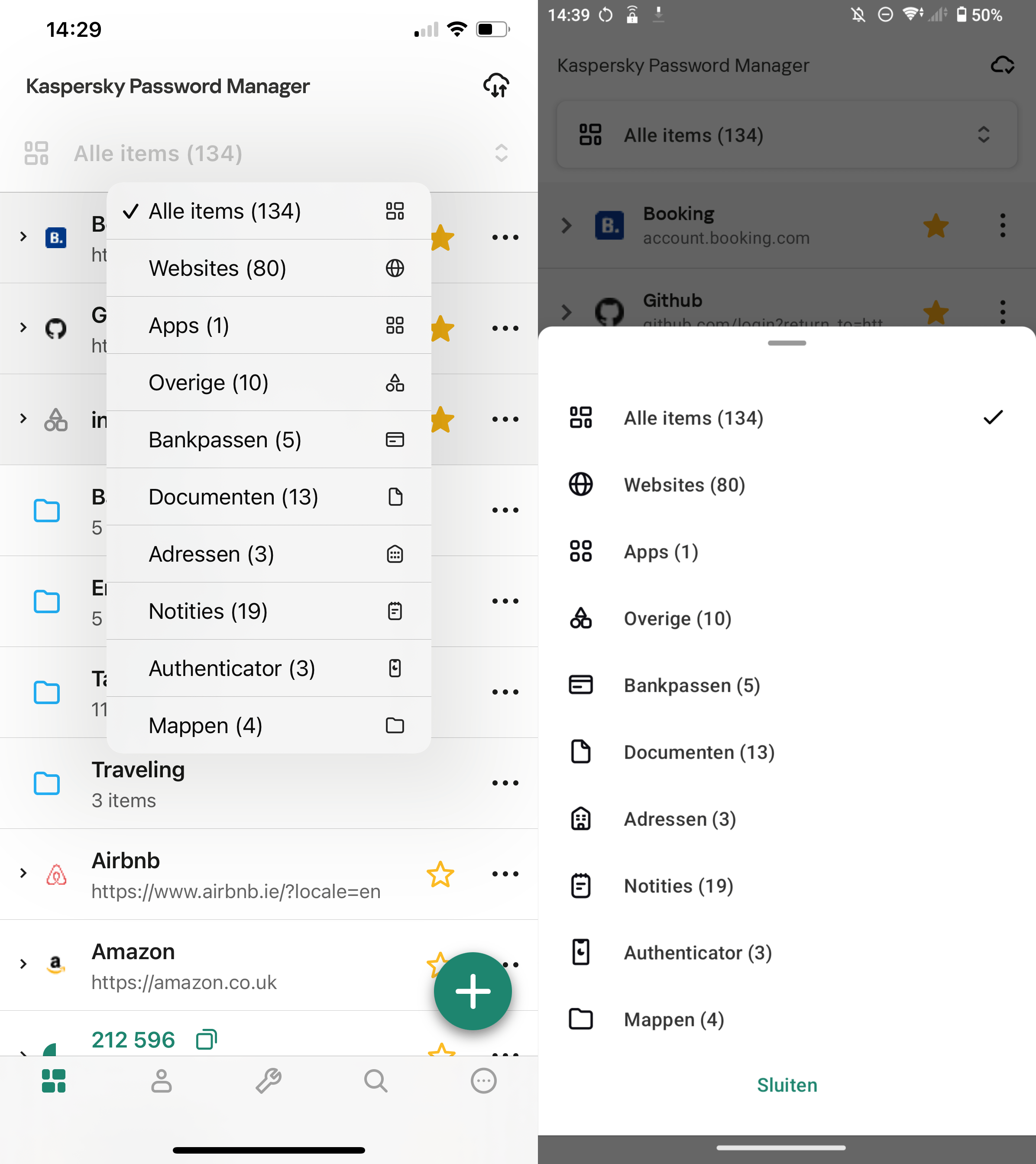 Weergave van nieuwe itemcategorieën in Kaspersky Password Manager for iOS (links) en Android (rechts)